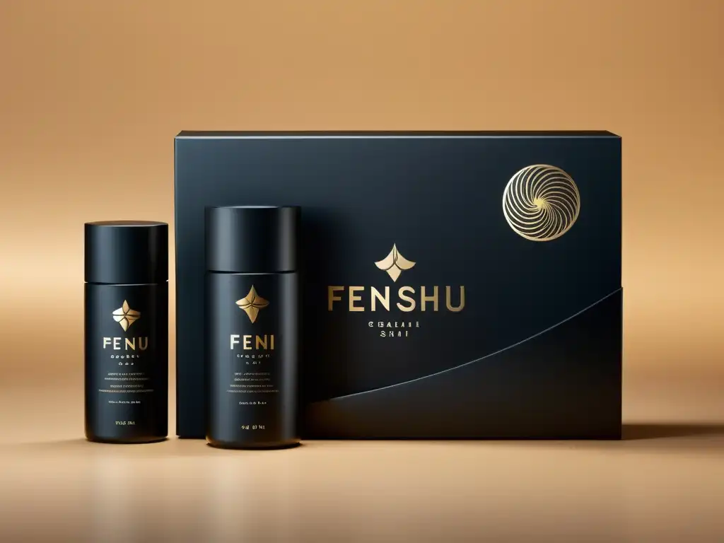 Diseño de empaques con Feng Shui: Elegante packaging negro con símbolos de Feng Shui, transmitiendo armonía y sofisticación