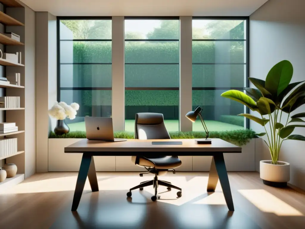 Diseño ergonómico con Feng Shui: Escritorio minimalista con silla ergonómica frente a ventana con vista a jardín tranquilo