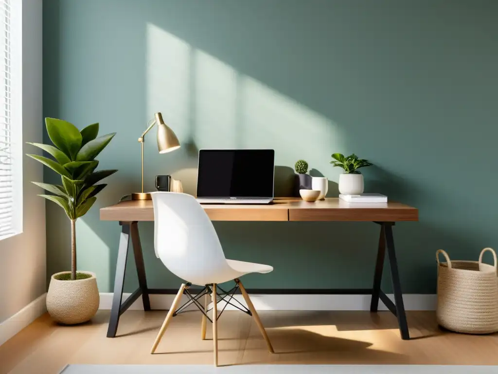 Diseño ergonómico con Feng Shui: Oficina minimalista con luz natural, equilibrio y serenidad