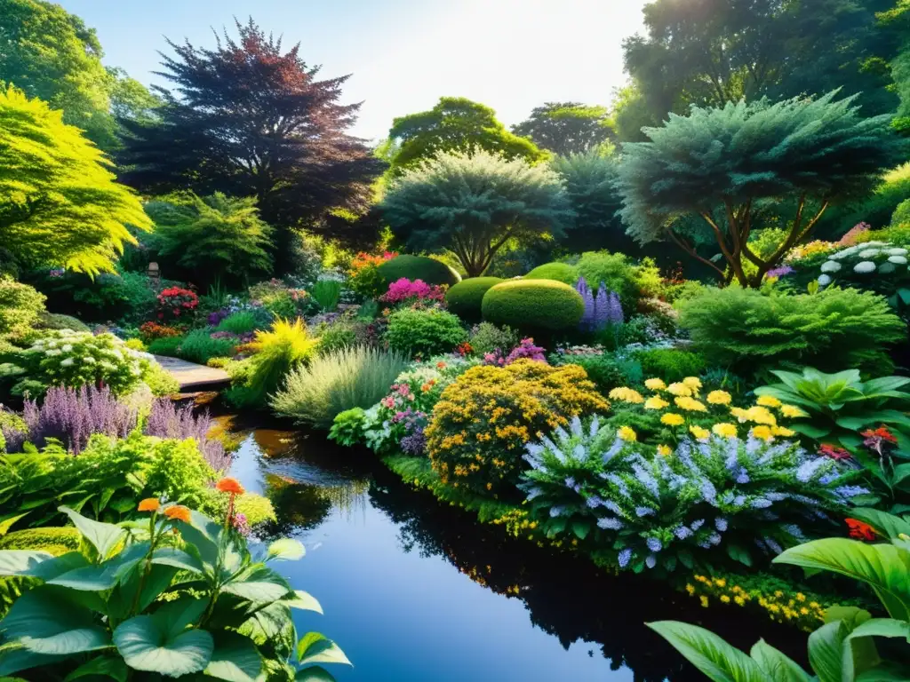 Biodiversidad en el diseño del jardín: un escenario exuberante y vibrante con plantas en plena floración, armonía natural y serenidad