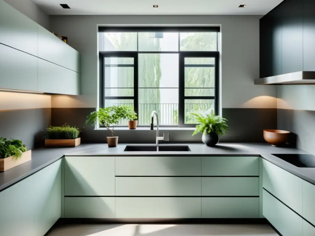 Diseño de cocina Feng Shui: Espacio minimalista con líneas limpias, plantas estratégicamente ubicadas y armonía en el ambiente iluminado