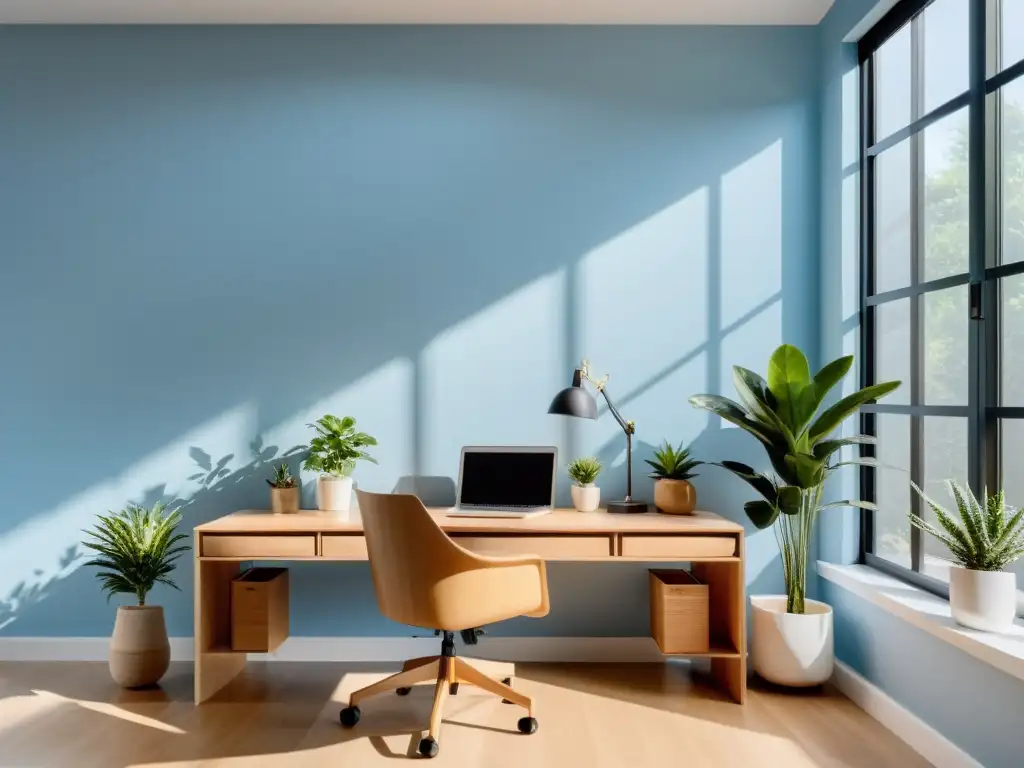 Diseño de oficina Feng Shui: Espacio minimalista con luz natural, paredes azules y plantas, escritorio despejado y silla ergonómica