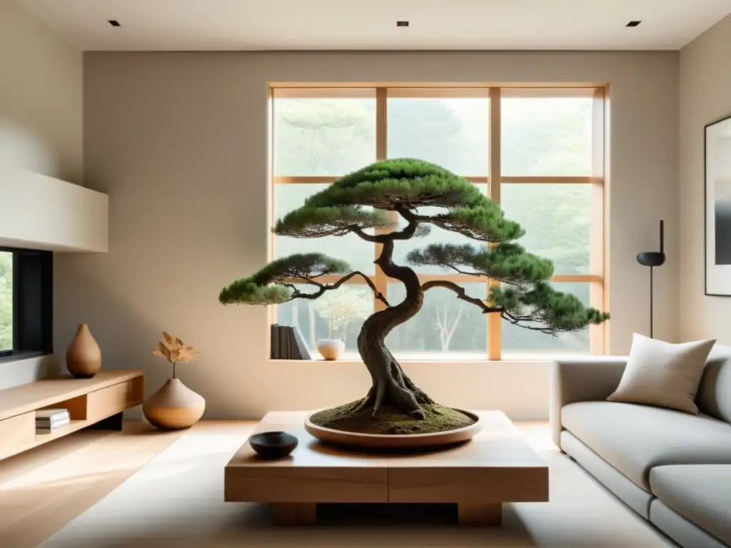 Diseño de espacios armonizados con Feng Shui: Sala minimalista con tonos terrosos, muebles modernos y un bonsái en la mesa de centro de madera