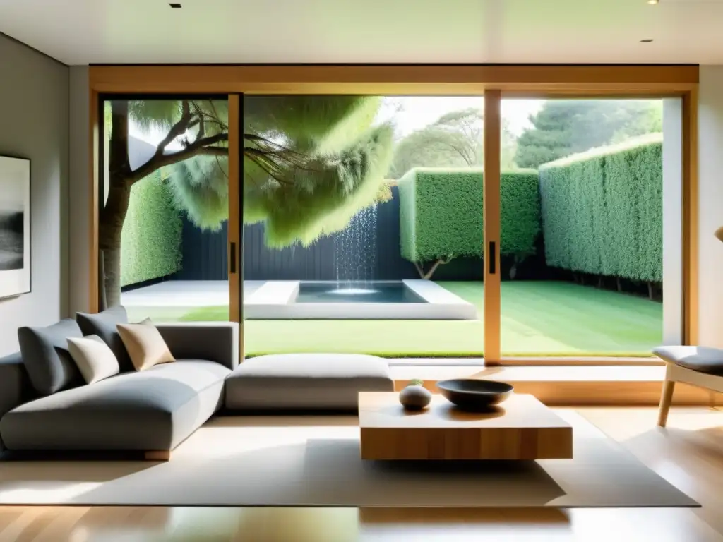 Diseño de espacios armonizados con Feng Shui: Sala minimalista con vista a jardín tranquilo y luz natural