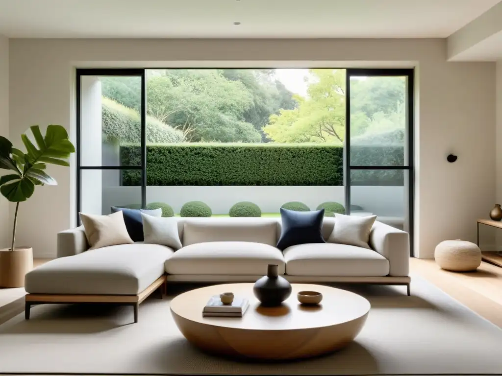 Diseño de espacios armonizados con Feng Shui: Sala minimalista serena con decoración cuidadosamente seleccionada y mucha luz natural