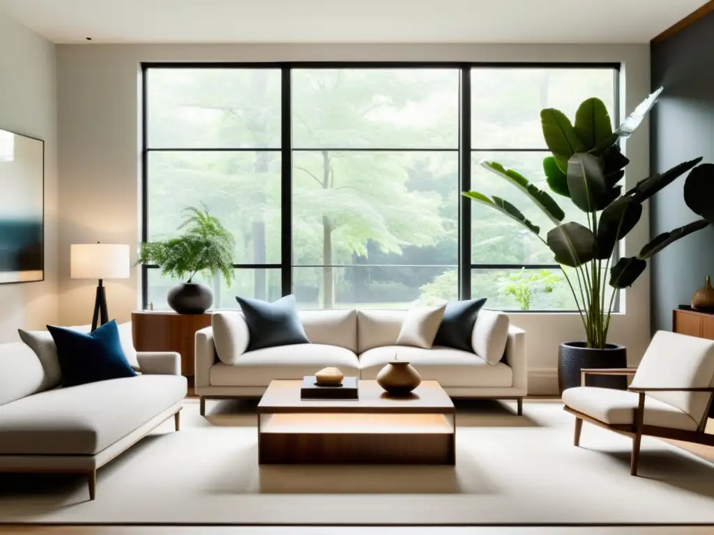 Diseño de espacios armonizados con Feng Shui: Sala de estar minimalista con luz natural, muebles cuidadosamente seleccionados y ambiente tranquilo