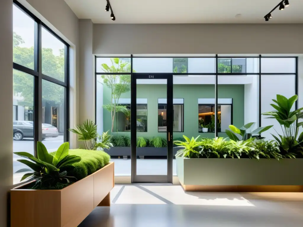 Diseño de espacios comerciales Feng Shui: Fachada serena y minimalista con líneas limpias, plantas estratégicas y luz natural