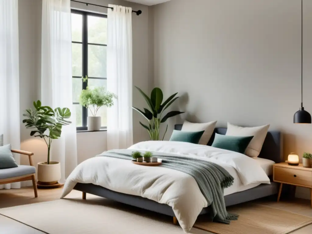 Diseño de espacios Feng Shui para salud: Dormitorio minimalista con luz natural, cama impecable y toques de serenidad