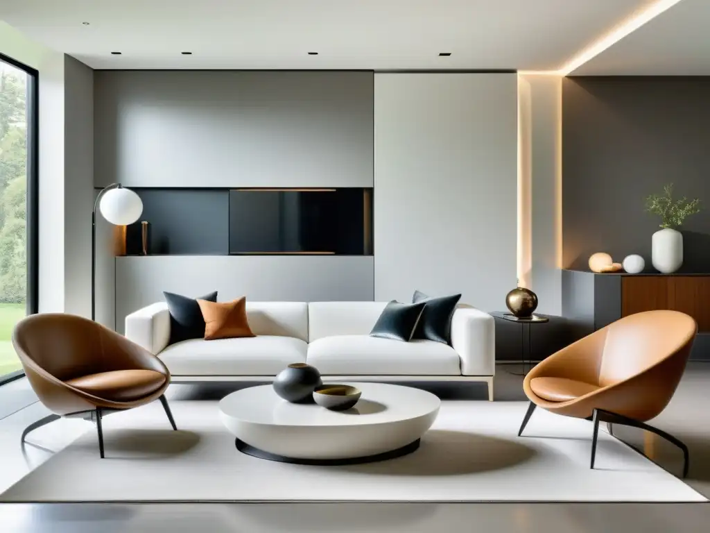 Diseño de espacios futuros armonizados: Sala minimalista con muebles futuristas, líneas limpias y colores suaves