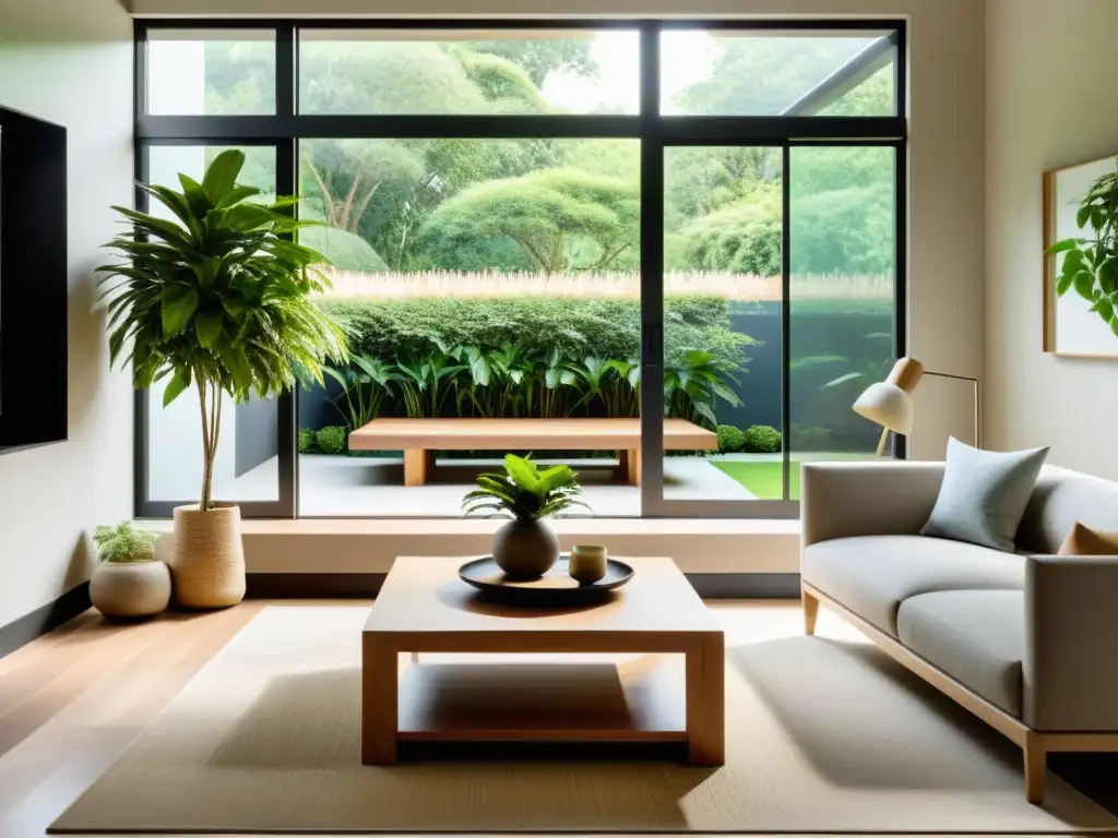 Diseño de espacios con Feng Shui y reciclaje: Salón minimalista con vista a un exuberante jardín, tonos terrosos y luz natural suave