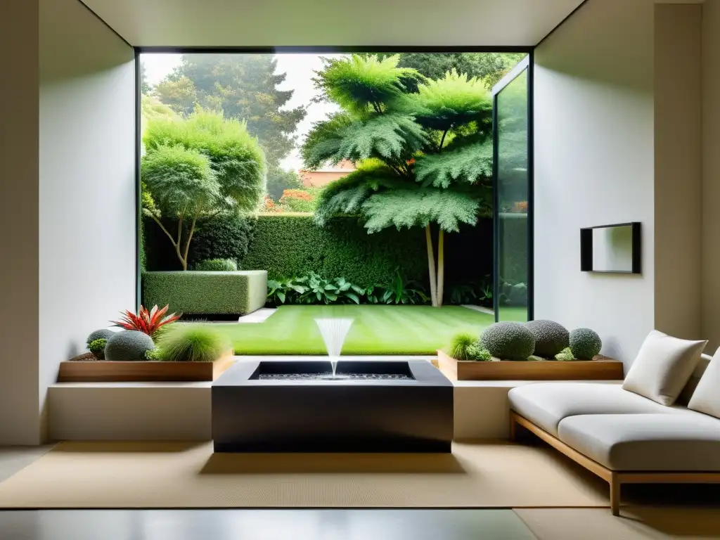 Diseño de espacios Feng Shui para salud: Sala minimalista con ventana abierta y jardín tranquilo, decoración elegante y luz natural