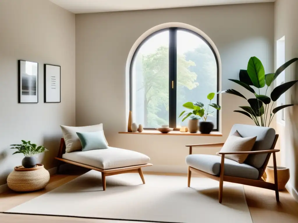 Diseño de espacios serenos con Feng Shui: Sala minimalista con tonos suaves y mucha luz natural, ideal para relajarse y leer