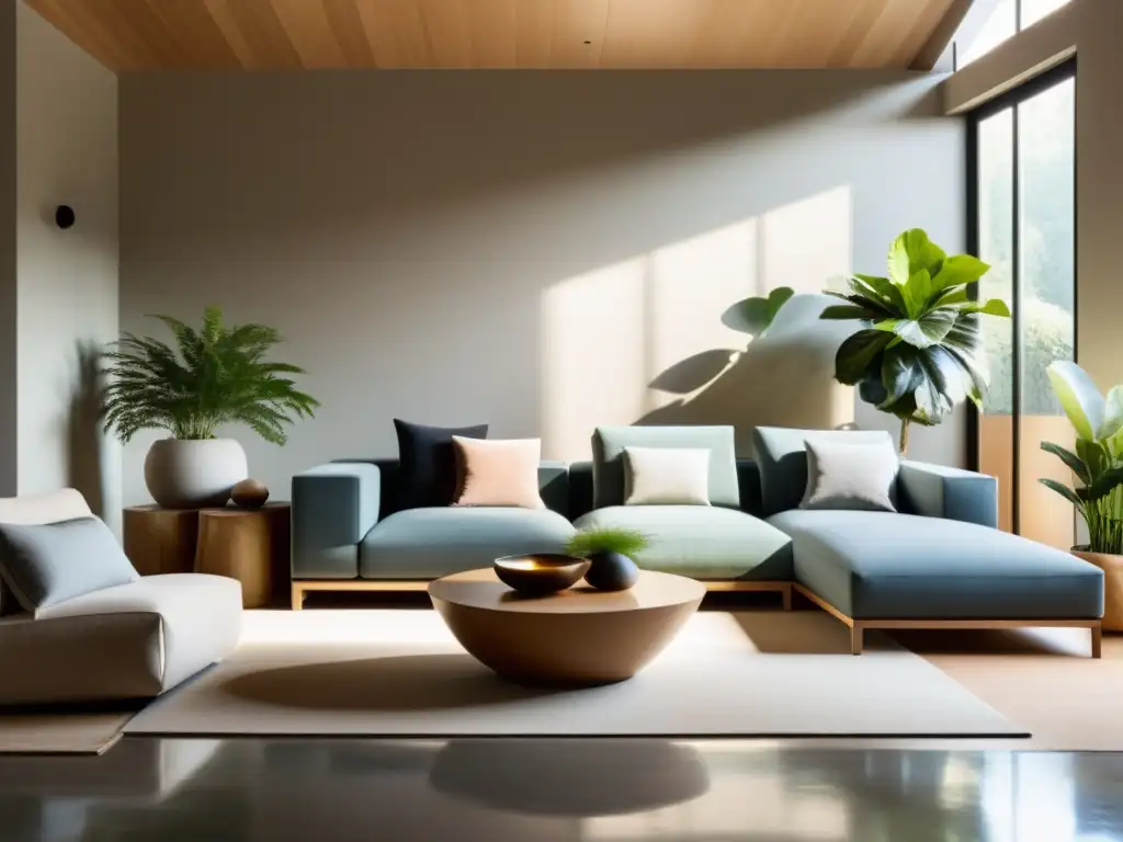 Diseño de espacios serenos con Feng Shui: Sala minimalista con tonos suaves y equilibrio armonioso, iluminación natural y plantas