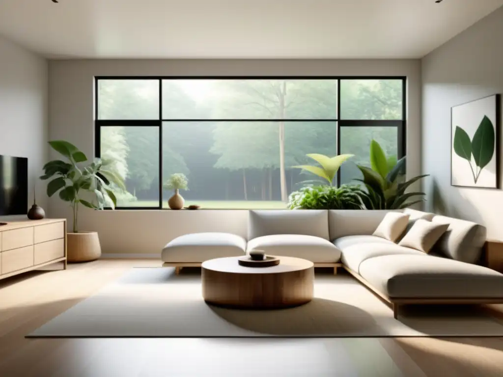 Diseño de espacios serenos con Feng Shui: Sala de estar minimalista y tranquila con tonos neutros, madera y plantas, iluminada por luz natural