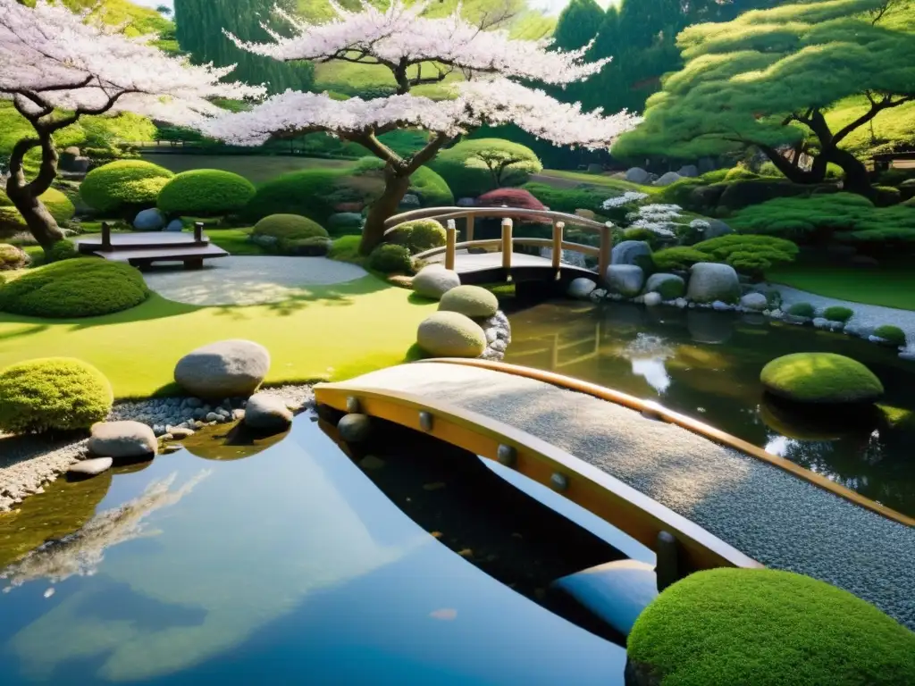 Diseño de espacios verdes con Feng Shui: Un jardín japonés sereno con grava cuidadosamente rastrillada, piedras cubiertas de musgo y un pequeño puente de madera sobre un estanque tranquilo, rodeado de exuberante vegetación y árboles de cerezos en flor