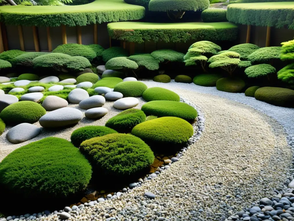 Diseño de espacios verdes con Feng Shui: Jardín japonés sereno con rocas, musgo, árboles podados y armoniosa corriente de agua