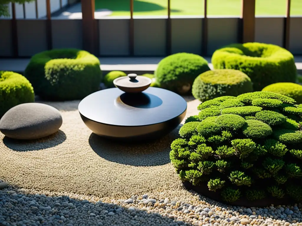 Diseño de espacios verdes con Feng Shui: Jardín japonés sereno con rocas, musgo y bonsáis, creando armonía y equilibrio