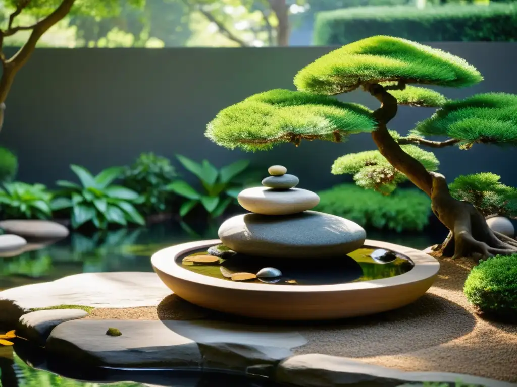 Diseño de espacios verdes con Feng Shui: Jardín sereno con rocas, estanque y bonsái, armonía y tranquilidad