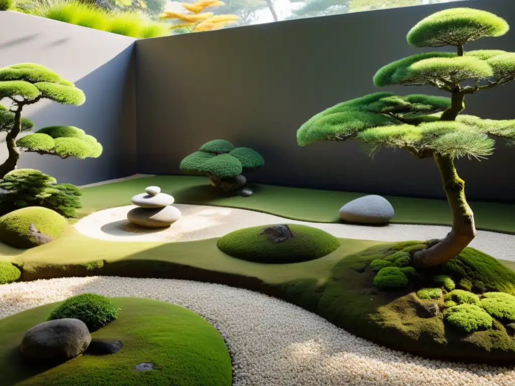 Diseño de espacios verdes con Feng Shui: Jardín japonés tranquilo, con rocas, musgo y árboles bonsái, bañado por la suave luz matutina