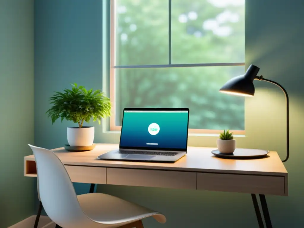 Diseño de espacios virtuales Feng Shui: Un escritorio sereno y minimalista con una laptop, una planta y un fondo de pantalla calmante, iluminado suavemente por luz natural