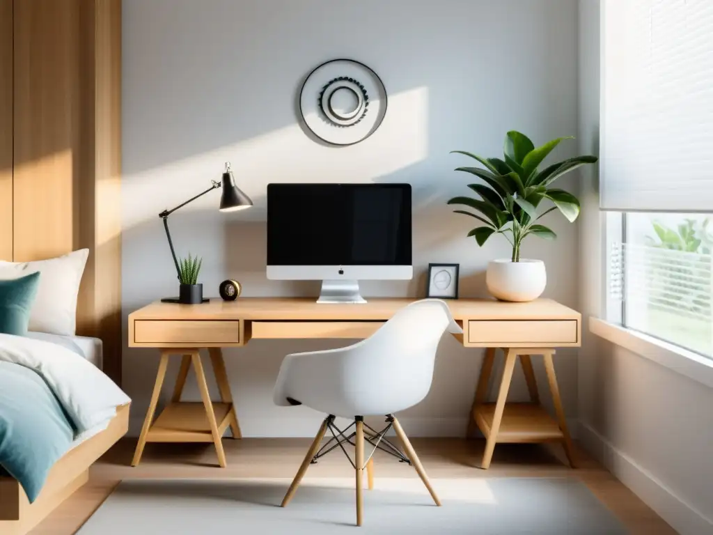 Diseño de espacios virtuales Feng Shui: Oficina minimalista con elementos armoniosos y luz natural