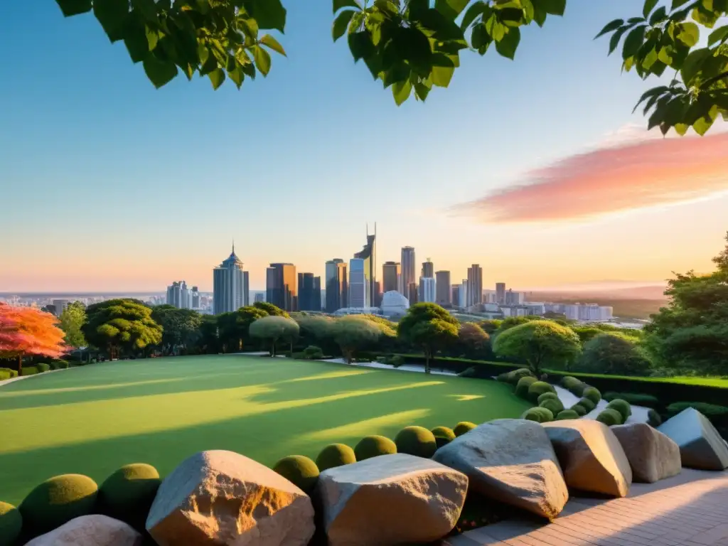 Feng Shui en el diseño estructural: Atardecer en la ciudad con rascacielos modernos, un parque tranquilo y una atmósfera armoniosa