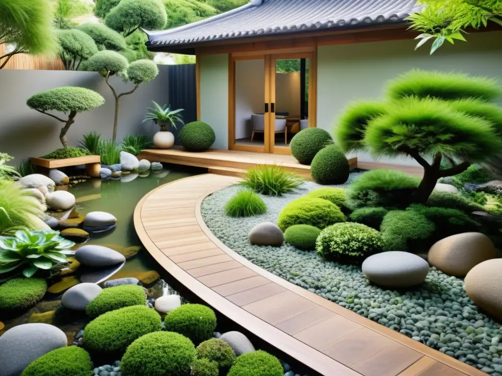 Diseño de jardines Feng Shui: Espacio exterior sereno con jardín meticulosamente diseñado, deck de madera y vegetación exuberante