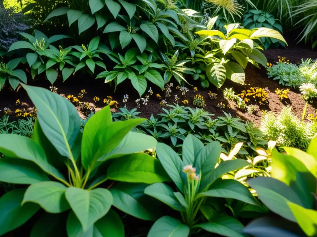 Biodiversidad en el diseño del jardín: Una exuberante cama de plantas nativas, con etiquetas científicas y nombres comunes, bañada por la luz del sol