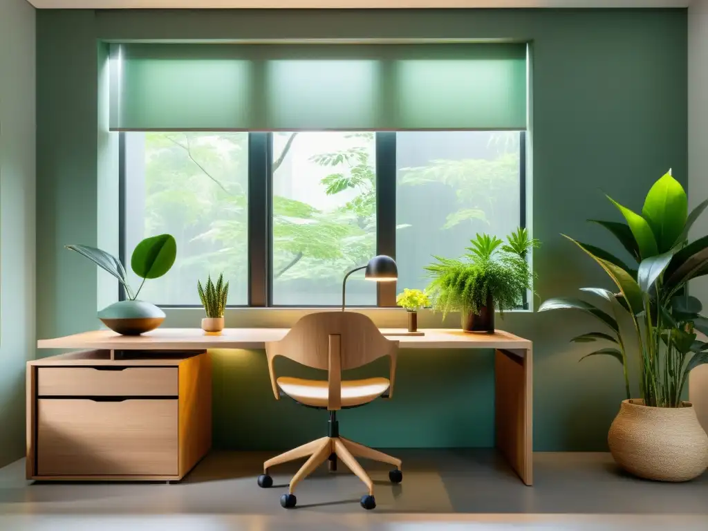 Diseño gráfico armonioso con Feng Shui: Un espacio de trabajo sereno y minimalista con elementos naturales, iluminación suave y equilibrio de colores