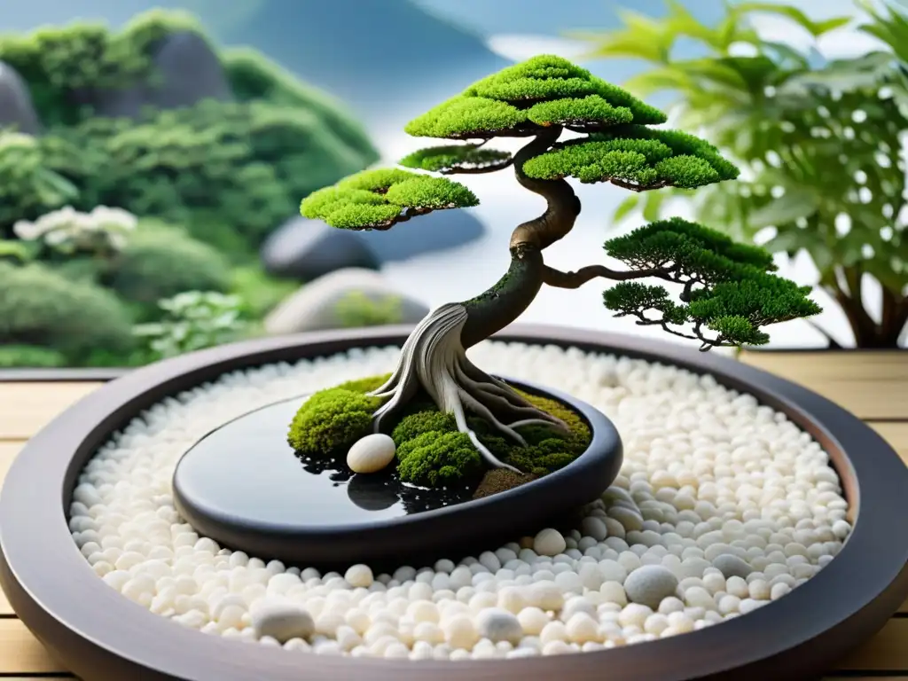 Diseño de jardín con Feng Shui: Zen garden con gravilla blanca, piedras y bonsái, transmitiendo serenidad y equilibrio