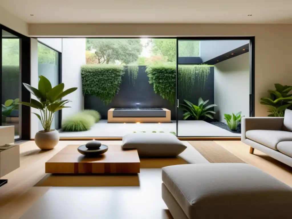 Diseño del hogar con Feng Shui ante cambio climático: Sala moderna con ventanales, muebles minimalistas, colores neutros y elementos naturales