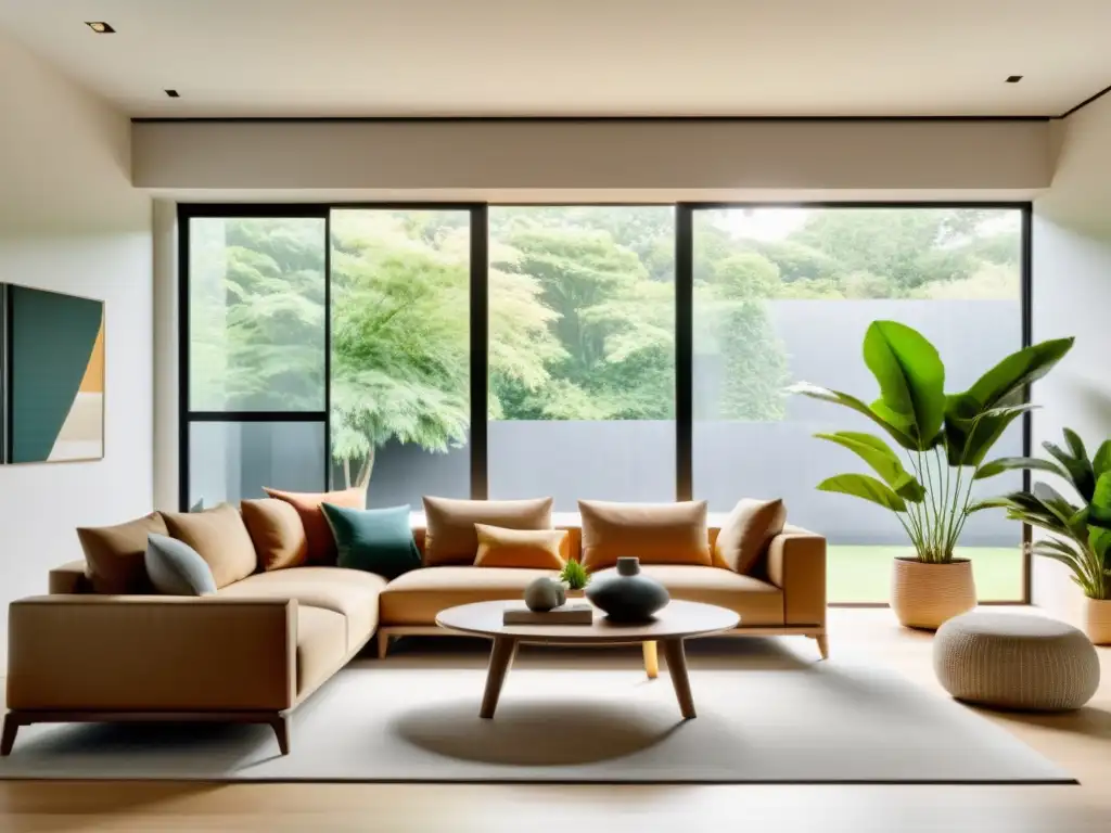 Diseño del hogar con Feng Shui ante cambio climático: Sala minimalista con luz natural, muebles sostenibles y armonía