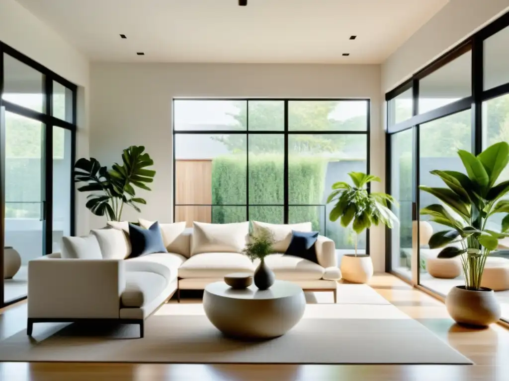 Diseño del hogar con Feng Shui: Sala minimalista con equilibrio y armonía, luz natural y planta en maceta