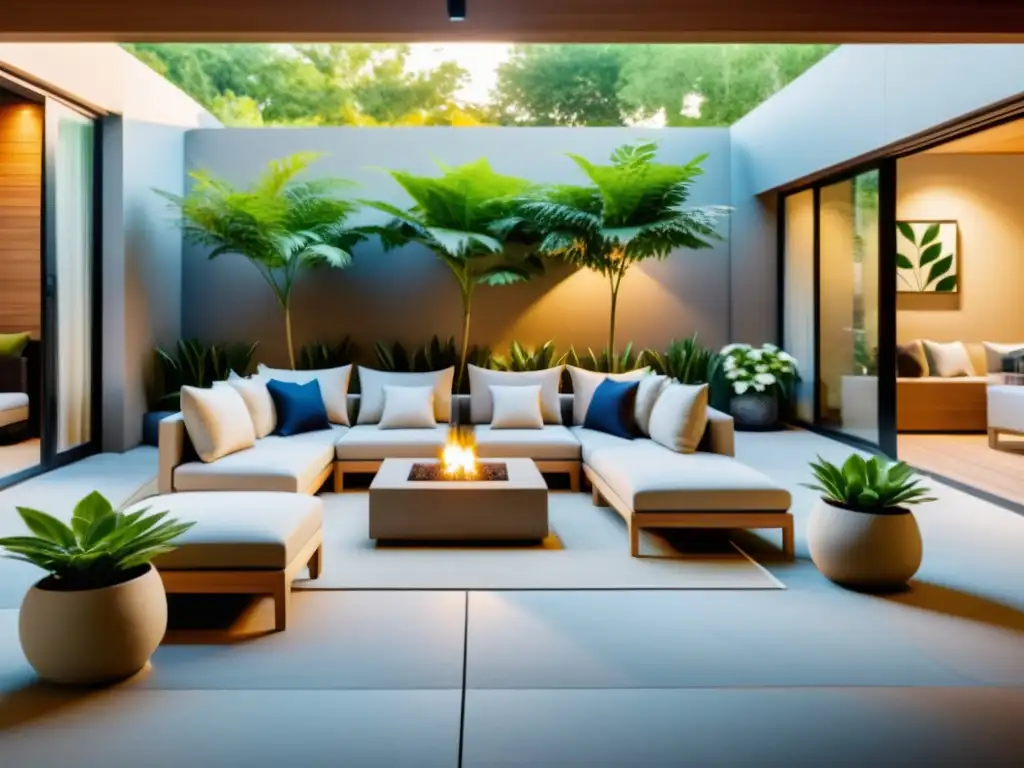 Diseño de hogares seguros con Feng Shui: Patio sereno y armonioso, muebles cuidadosamente dispuestos, colores relajantes y plantas estratégicamente ubicadas para promover equilibrio y tranquilidad