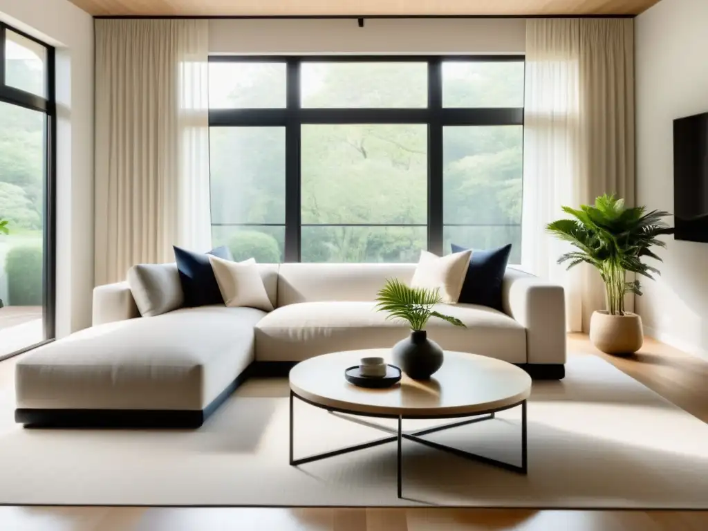 Diseño de hogares seguros con Feng Shui: Sala de estar serena y espaciosa con muebles minimalistas, ventana grande y plantas estratégicamente ubicadas