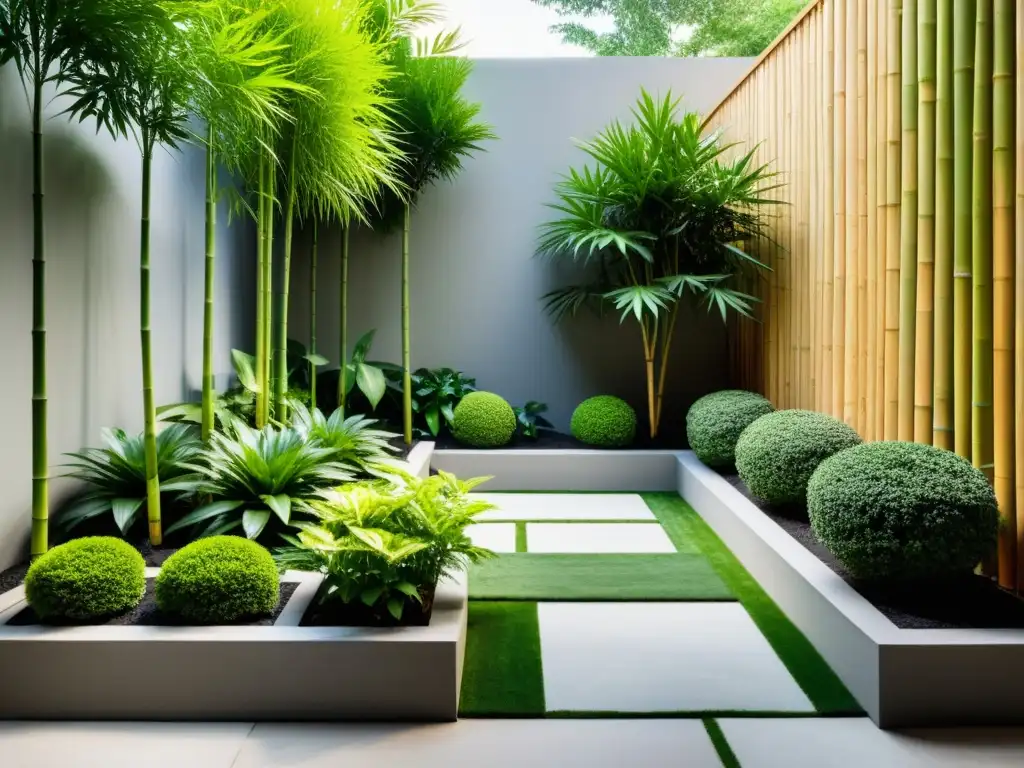 Diseño de huerto urbano Feng Shui con plantas asimétricas, bambú y flores, evocando armonía y tranquilidad en el paisaje urbano