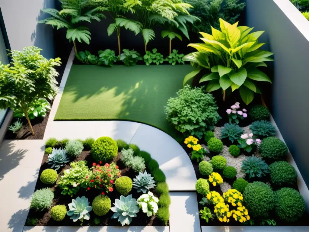 Diseño de huerto urbano Feng Shui: Jardín urbano minimalista con senderos asimétricos y vegetación exuberante en suave luz natural