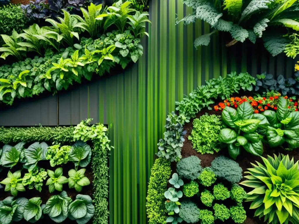 Diseño de huerto urbano Feng Shui: Un jardín urbano exuberante y armonioso, con una variedad de vegetales, frutas y hierbas en un diseño asimétrico, organizado con equilibrio y tranquilidad