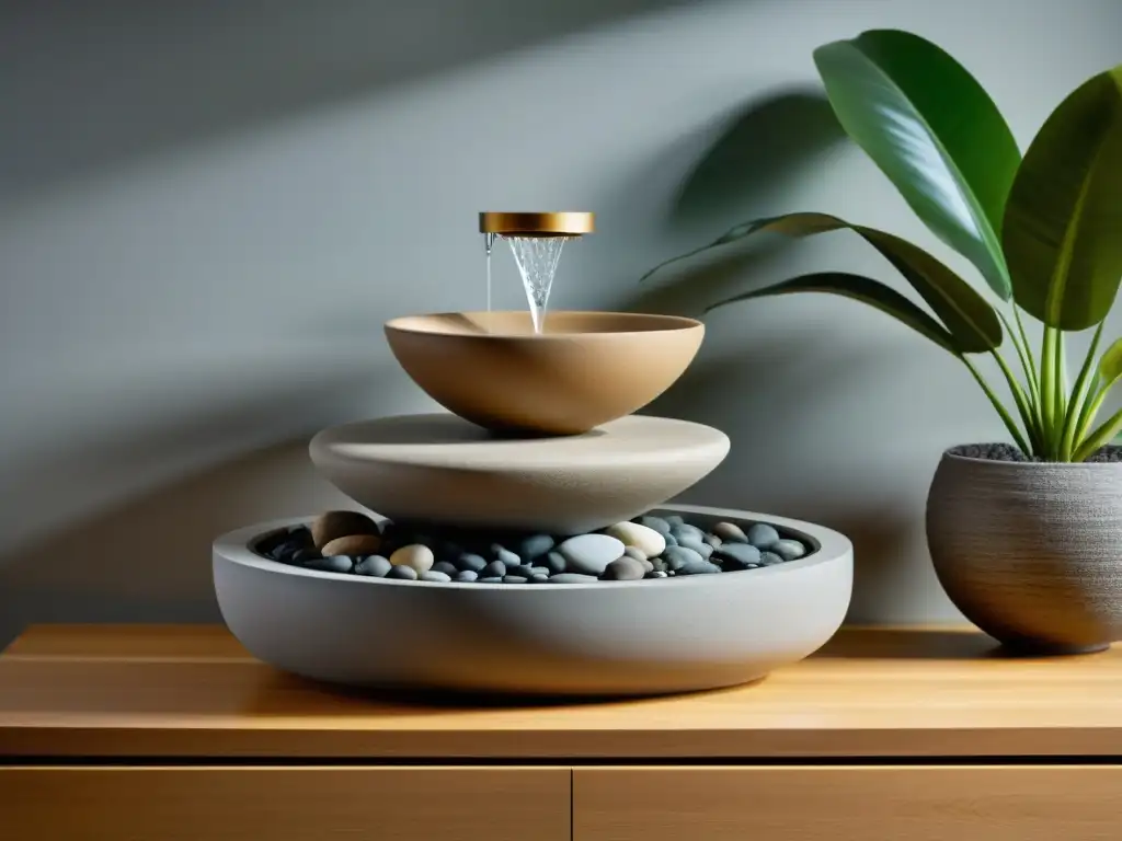 Un diseño interior armonizado con Feng Shui: serenidad y equilibrio con una fuente de agua suave y decoración minimalista