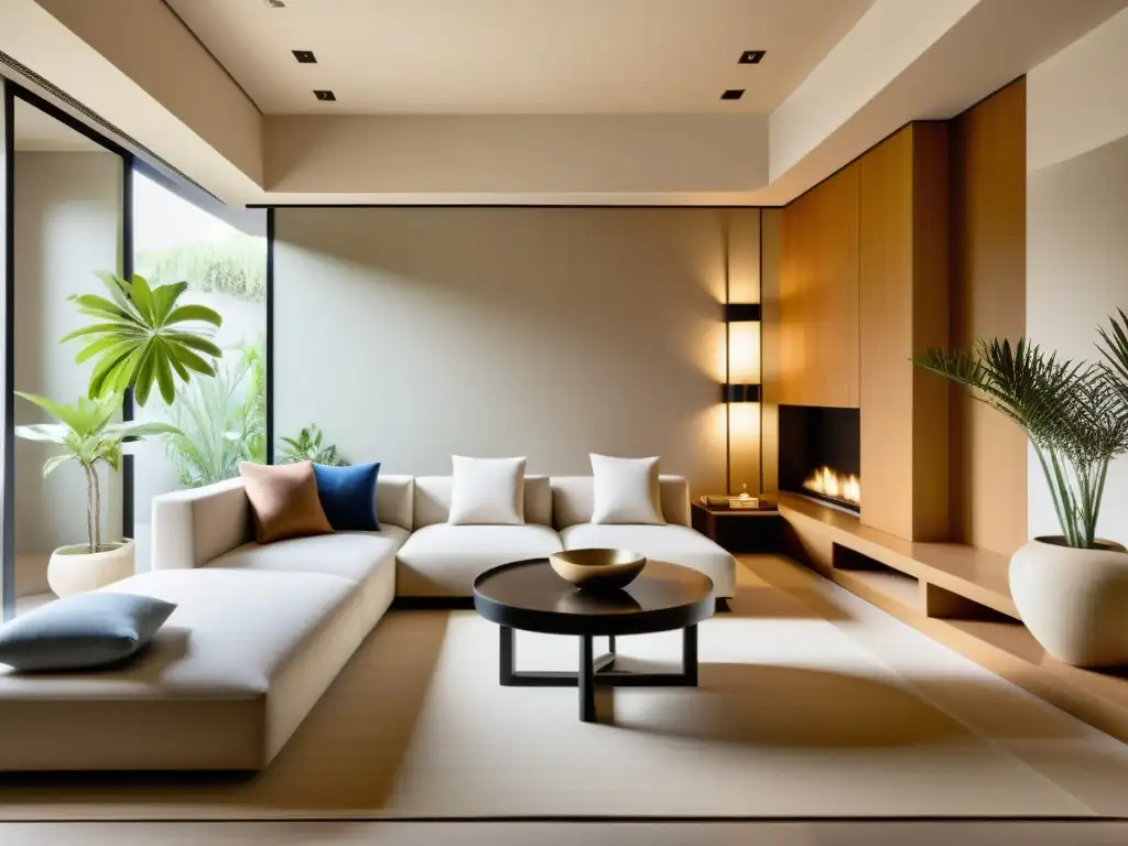 Un diseño interior que integra elementos culturales orientales y occidentales con armonía y equilibrio, incluyendo Feng Shui