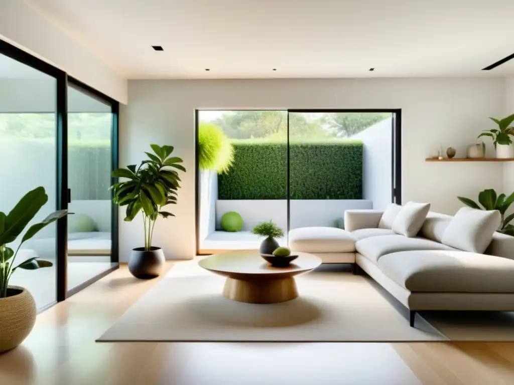 Diseño de interior minimalista con Feng Shui y huella ecológica, integrando elementos naturales y armonía