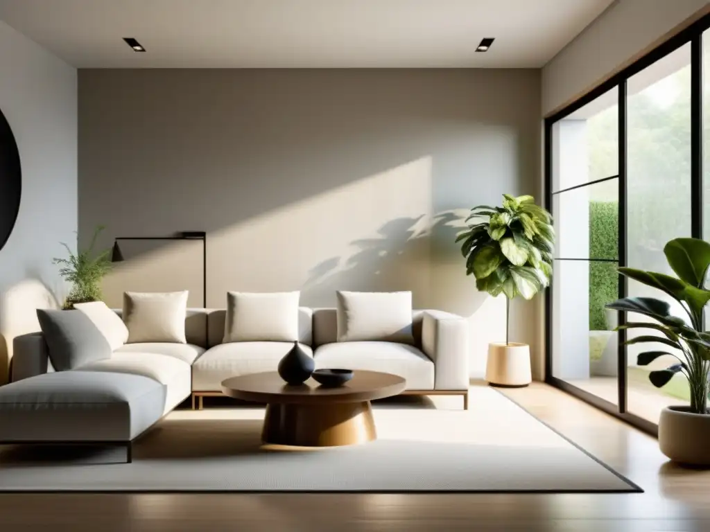 Diseño de interiores basado en Feng Shui: Sala minimalista con armonía, luz natural y elementos serenos