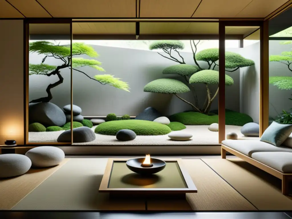 Diseño de interiores basado en Feng Shui: Sala minimalista con ventana panorámica y jardín japonés sereno