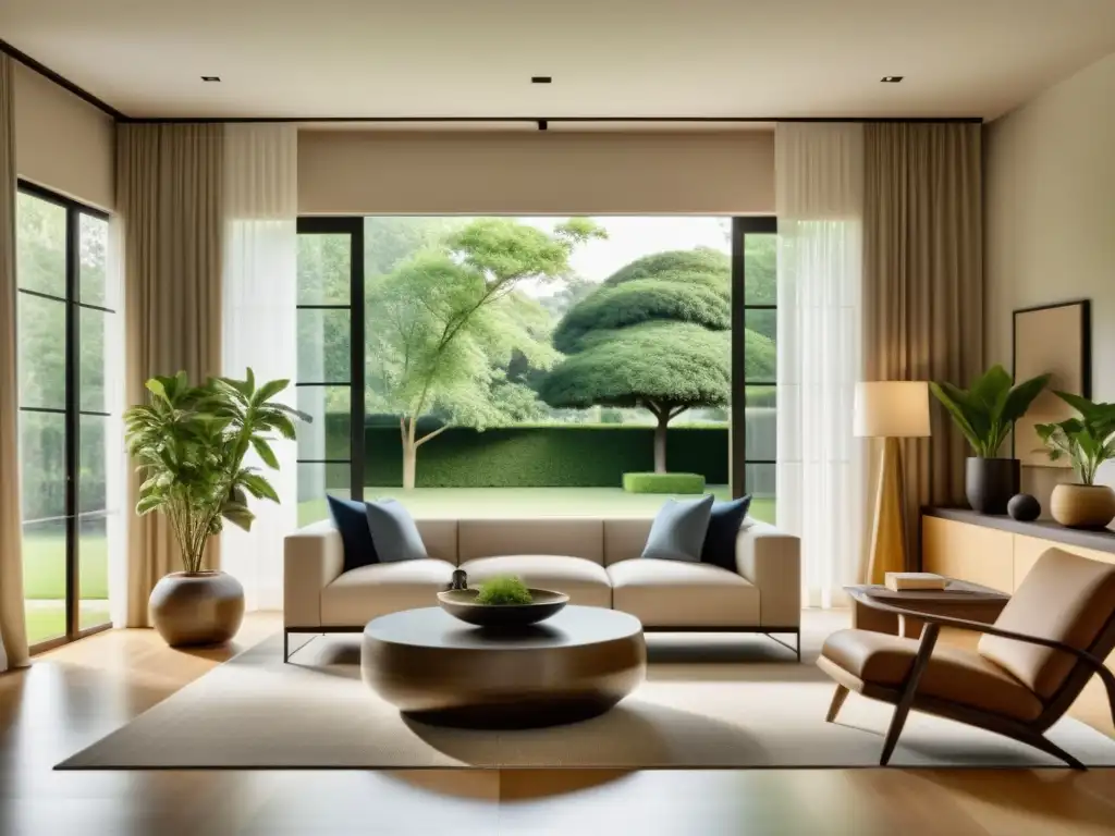 Diseño de interiores basado en Feng Shui: Sala minimalista con vista a jardín, muebles equilibrados, tonos naturales y luz natural