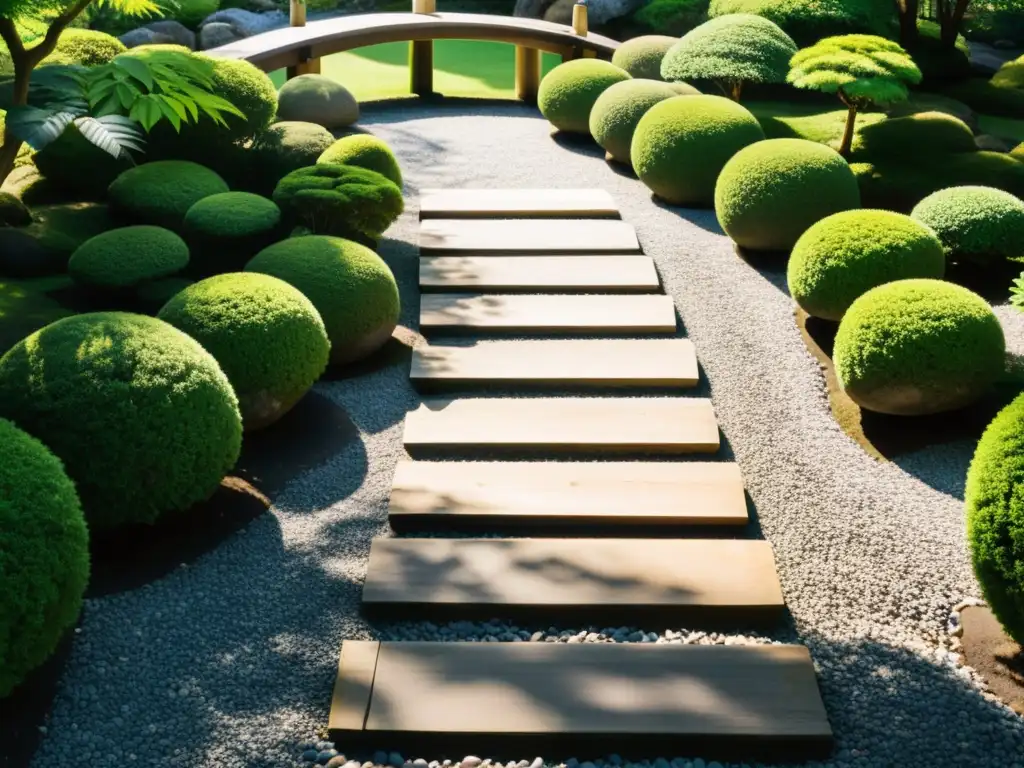 Diseño de jardín con Feng Shui: Un jardín japonés sereno con grava cuidadosamente rastrillada, rodeado de exuberante vegetación y formaciones rocosas equilibradas, bajo la luz filtrada del sol