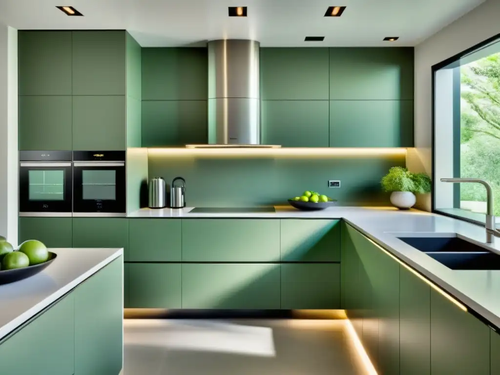 Diseño de cocina Feng Shui con líneas limpias, luz natural y tecnología futurista en armonía