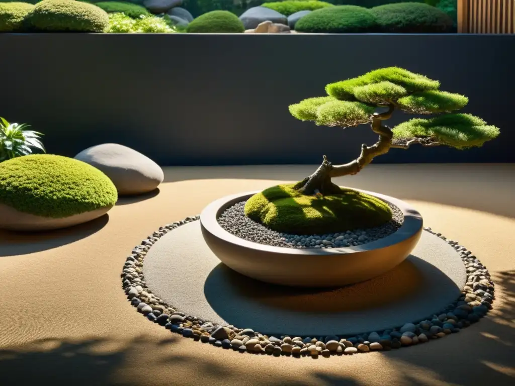 Diseño de jardín Feng Shui con luz y sombras, roca japonesa, musgo y bonsái, creando armonía y serenidad