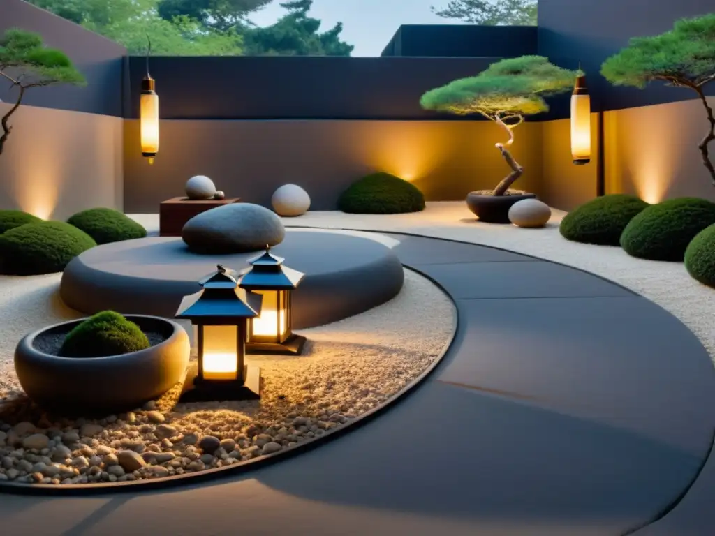 Diseño de jardín Feng Shui con luz y sombras, rocas y bonsáis en un ambiente sereno y contemplativo bajo la luz de la luna