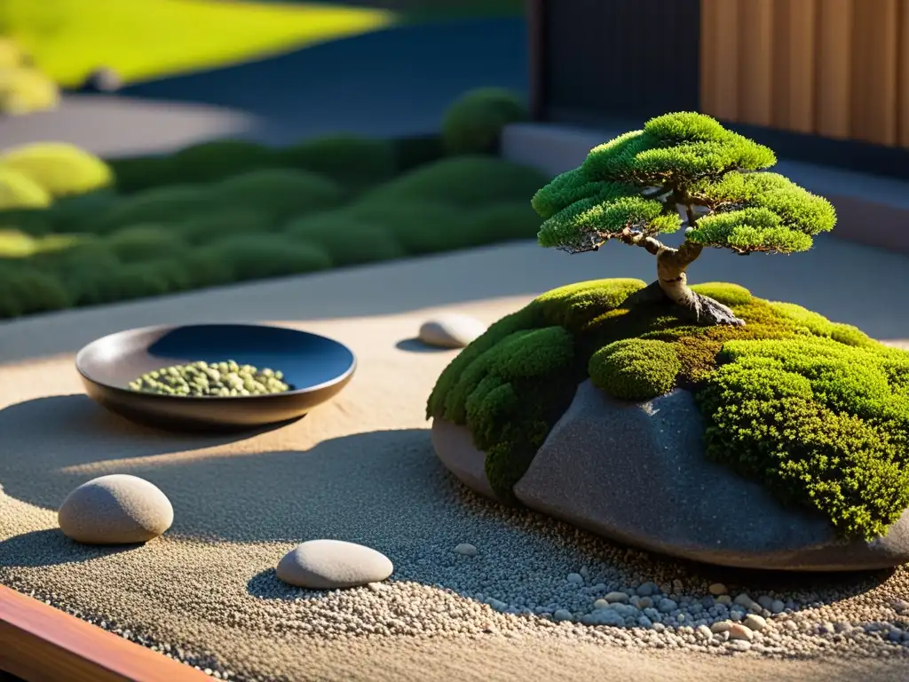 Diseño de jardín Feng Shui con luz y sombras, evocando tranquilidad y equilibrio en la escena serena al atardecer