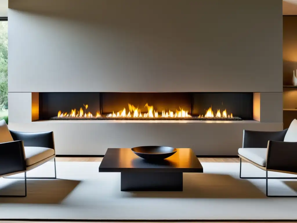 Un diseño minimalista de chimenea moderna, emanando calidez y tranquilidad, ideal para el Fuego en el Feng Shui del hogar